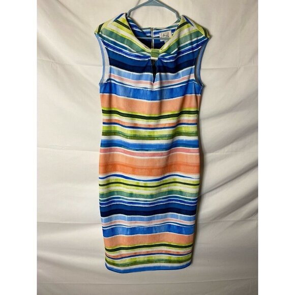 BEIGE BY ECI WOMENS SIZE LARGE 14 TANK DRESS KEYHOLE MIDI STRIPE DESIGN - Picture 1 of 3